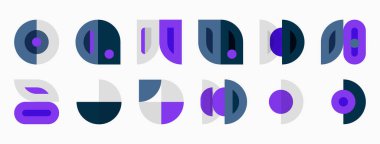 Soyut geometrik şekiller, mor, deniz mavisi, gri. Minimalist tasarım, dairesel şekiller, çeşitli düzenlemeler, modern estetik.