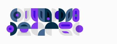 Soyut geometrik şekiller, daireler, kareler, mor renkler tasarımda baskın. Minimalist tarz, modern estetik, düz çizim.