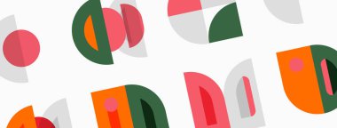 Soyut geometrik şekiller, canlı renkler, oyuncu desenler. Üst üste binen formlar dinamik görsel doku yaratır. Basit tasarım ögeleri.