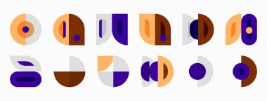 Soyut geometrik şekiller, mor, kahverengi, bej renkler. Minimalist tasarım, kalıplar, dairesel biçimler baskın bileşim.