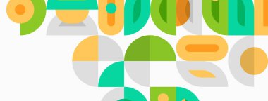 Soyut geometrik şekiller çakışıyor ve eğlenceli bir kompozisyon oluşturuyor. Renkler turuncu, yeşil, gri, sarı. Modern tasarım ögesi.