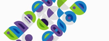 Soyut geometrik desen. Daireler, kareler, dikdörtgenler dinamik görsel doku oluşturur. Renkler arasında mor, yeşil, mavi.