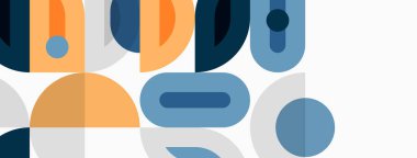 Soyut geometrik şekiller çakışıyor. Mavi, turuncu, gri renkler modern tasarım yaratır. Minimalist kompozisyon, temiz çizgiler görsel ahenk sunar.