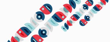 Soyut şablon tekrarlayan daireler, çizgiler, şekiller içerir. Teal, kırmızı, gri renkler basit tasarıma hakim. Minimalist estetik.