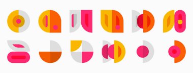 Abstract geometric shapes, vibrant colors, pinks, oranges, reds. Minimalist design, playful composition, flat illustration style.