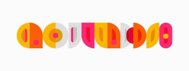 Renkli soyut şekiller kelime bulut kodu oluşturur. Geometrik tasarım pembeler, portakallar, kırmızılar, sessiz tonlar kullanır. Minimalist biçim, temiz sunum.