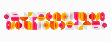 Retro tipografi tasarımı. Geometrik şekiller şakacı harfler oluşturur. Pembe, sarı, turuncu renkler kompozisyona hakim. Minimalist estetik.