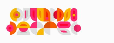 Soyut geometrik şekiller renkli metinler oluşturur. Pembe, turuncu, sarı renkler tasarımda baskın. Modern estetik, oyuncu kompozisyon.