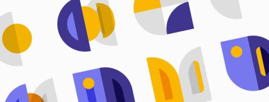 Abstract geometric shapes repeat. Yellow, purple, gray tones dominate simple design. Modern pattern creates visual interest.