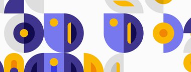 Abstract geometric pattern. Circles, semicircles, rectangles combine creating playful design. Yellow, purple, gray hues dominate composition.