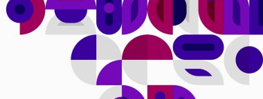 Soyut geometrik şekiller, mor gölgeler, beyaz arkaplan. Modern tasarım, üst üste binen formlar dinamik kompozisyon yaratır. Minimalist estetik.