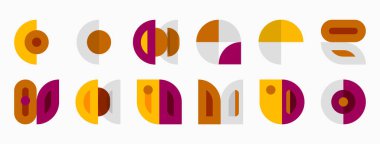 Geometrik şekiller, çoğunlukla daireler, kavisler, dikdörtgenler. Sıcak renk paleti tasarıma hükmediyor. Minimalist estetik, yinelenen desenler.