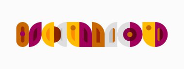 Renkli grafikler, şekillendirilmiş şekiller, daireler, dikdörtgenler kullanarak kelime havasını gösterir. Minimalist tasarım, sıcak tonlar kompozisyona hakim..