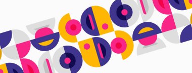 Soyut geometrik desen. Çemberler, kareler örtüşüyor canlı ve renkli bir tasarım yaratıyorlar. Modern estetik, basit şekiller tekrar eder.