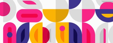 Soyut geometrik şekiller, canlı renkler, modern tasarım. Üst üste binen formlar eğlenceli kompozisyon oluşturur, basit estetik.