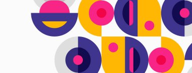 Abstract geometric shapes, vibrant colors, playful design. Circles, arcs, dots create modern visual pattern.