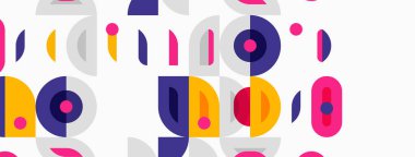 Abstract geometric pattern. Circles, rectangles overlap creating vibrant visual texture. Purple, yellow hues dominate design.