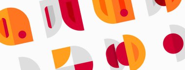 Soyut geometrik şekiller çakışıyor ve canlı bir model oluşturuyor. Turuncu, kırmızı, gri renkler kompozisyona hakim. Minimalist tasarım modern ve neşeli hissettiriyor..