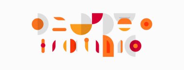 Soyut geometrik şekiller, sıcak renkler kompozisyona hakim. Minimalist tasarım, oyuncu düzenleme, modern estetik.