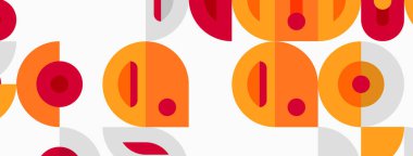 Geometrik desen üst üste binen daireler, dikdörtgenler. Turuncu, kırmızı, gri tonlar retro estetik oluşturur. Basit şekiller sorunsuzca tekrarlanır.