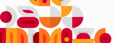 Soyut geometrik şekiller, sıcak renkler baskın gelir. Kompozisyonda üst üste binen daireler, dikdörtgenler, kıvrımlar var. Modern tasarım, oyuncu estetik.