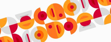 Retro desen tekrarlayan daireler ve kareler içerir. Sıcak turuncu, kırmızı tonlar nötr arkaplana hakim. Modern, eğlenceli tasarım.