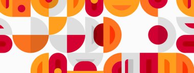 Retro desen, üst üste binen daireler, yarı daireler, dikdörtgenler. Sıcak renkler tasarıma hükmediyor, oyuncu estetik yaratıyor.