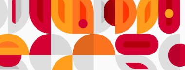 Soyut geometrik desen. Üst üste binen şekiller canlı bir orta yüzyıl modern estetiği yaratır. Sıcak renkler tasarıma hakim.