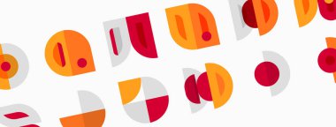 Soyut geometrik desen. Daireler, dikdörtgenler, segmentler tekrarlanan dizaynlar yaratır. Sıcak renkler bej arka planda baskın gelir. Minimalist stil.