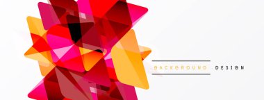 Soyut geometrik şekiller üst üste binerek canlı kırmızı, pembe ve sarı bileşim oluşturuyor. Beyaz alan kontrastı, modern hissi sağlar. Arkaplan tasarımı ögesi.