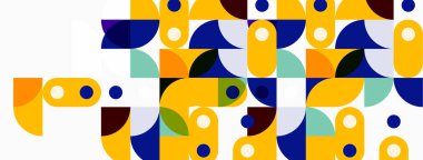 Soyut geometrik desen. Şekiller örtüşüyor, renkli kompozisyon oluşturuyor. Sarı, mavi, kahverengi baskın tasarım. Modern estetik.