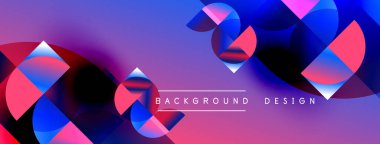 Abstract geometric shapes overlap, creating vibrant purple, blue, pink gradients. Modern design elements suggest dynamic movement, visual energy.