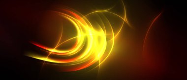 Parlak sarı, turuncu çizgiler koyu arkaplanda dönüyor. Soyut enerji yayılır ve dinamik görsel etki yaratır. Yumuşak eğriler kompozisyona hakim.