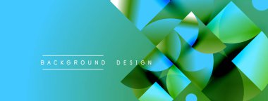 Soyut geometrik şekiller örtüşür, parlak mavi, yeşil eğimler yaratır. Modern tasarım elementleri teknoloji ve yenilik öneriyor. Temiz estetik.