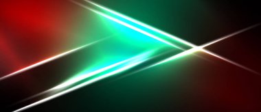 Soyut tasarım canlı kırmızı, yeşil renkler içerir. Parlak çizgiler kesişir ve dinamik görsel efekt yaratır. Koyu arkaplan aydınlığı vurgular.