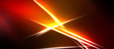 Parlak ışıklar merkez noktadan yayılır. Kırmızı, turuncu renkler koyu arkaplana hakim. Görünür soyut enerji efekti.