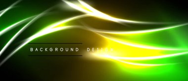 Soyut parlak çizgiler, sarı, yeşil renkler. Karanlık arka plan dinamik görsel efekt yaratır. Modern tasarım ögesi.