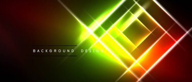 Parlak neon hatları kesişiyor, dinamik soyut bir zemin oluşturuyor. Kırmızı 'dan yeşil' ye canlı değişimler, mevcut sarı gölgeler.