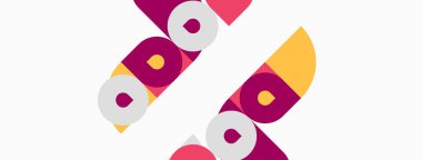 Soyut tasarım tekerrür eden şekiller içerir. Mor, turuncu renkler beyaz arkaplana hakim. Modern, minimalist estetik sunum.