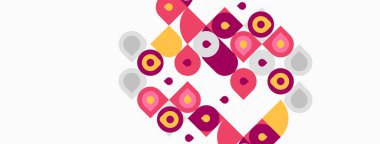 Soyut geometrik şekiller, daireler, kareler, çakışan formlar. Pembe, mor, sarı renkler kompozisyona hakim. Minimalist tasarım, modern estetik.