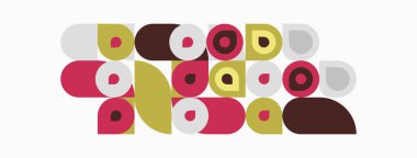 Soyut geometrik şekiller, daireler, ovaller, dikdörtgenler. Renkler arasında bej, kahverengi, kırmızı, sarı vardır. Minimalist tasarım, düz çizim.