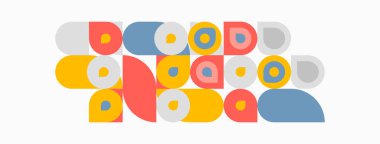 Soyut geometrik şekiller, renkli daireler, daireler, dikdörtgenler. Minimalist tasarım, düz illüstrasyon, oyuncu kompozisyon.