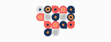 Soyut desen renkli daireler, kareler, dikdörtgenler içerir. Şekiller, dinamik görsel bileşim oluşturarak kesişir. Minimalist tasarım, modern estetik.