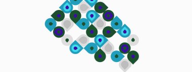 Soyut desen yuvarlak şekiller, değişik renkler içerir. Mavi, yeşil, mor renkler beyaz arkaplana hakim. Basit geometrik tasarım.