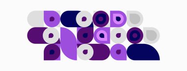 Soyut geometrik bileşim. Mor, lavanta, beyaz şekiller uyumlu desenler oluşturur. Minimalist tasarım, modern estetik.