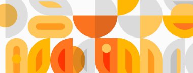 Soyut geometrik desen. Üst üste binen daireler, dikdörtgenler orta çağ modern estetiği yaratır. Sıcak turuncu, gri tonlar kompozisyona hakim..