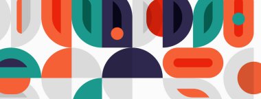 Abstract geometric pattern. Shapes overlap, creating midcentury modern aesthetic. Colors include orange, teal, navy, purple. Simple design.