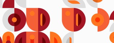 Retro desen üst üste binen daireler, dikdörtgenler. Ilık turuncu, gri renkler klasik estetik yaratıyor. Basit şekiller sorunsuzca tekrarlanır.