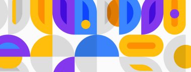 Abstract geometric pattern. Overlapping shapes create vibrant, modern design. Yellows, blues, purples dominate composition. Simple forms repeat.