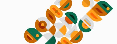 Soyut geometrik şekiller çakışıyor, renkli desenler yaratıyor. Turuncu, yeşil, kahverengi tonlar kompozisyona hakim. Minimalist tasarım.